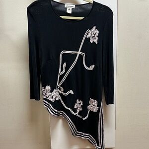 Gaetano Navarra Black Asymmetrical Top with Floral Embroidery size 44